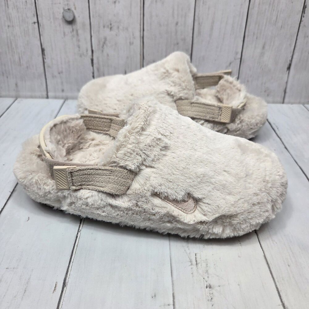 Nike Calm Fuzzy Mules Women's Sport Shoes Beige Sanddrift Size 9 Slip Ons Casual